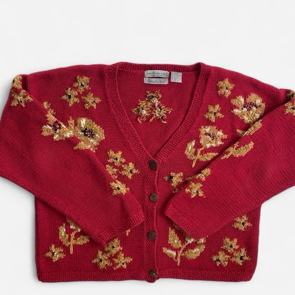 SOLD red floral hand knit cardiganSOLD
